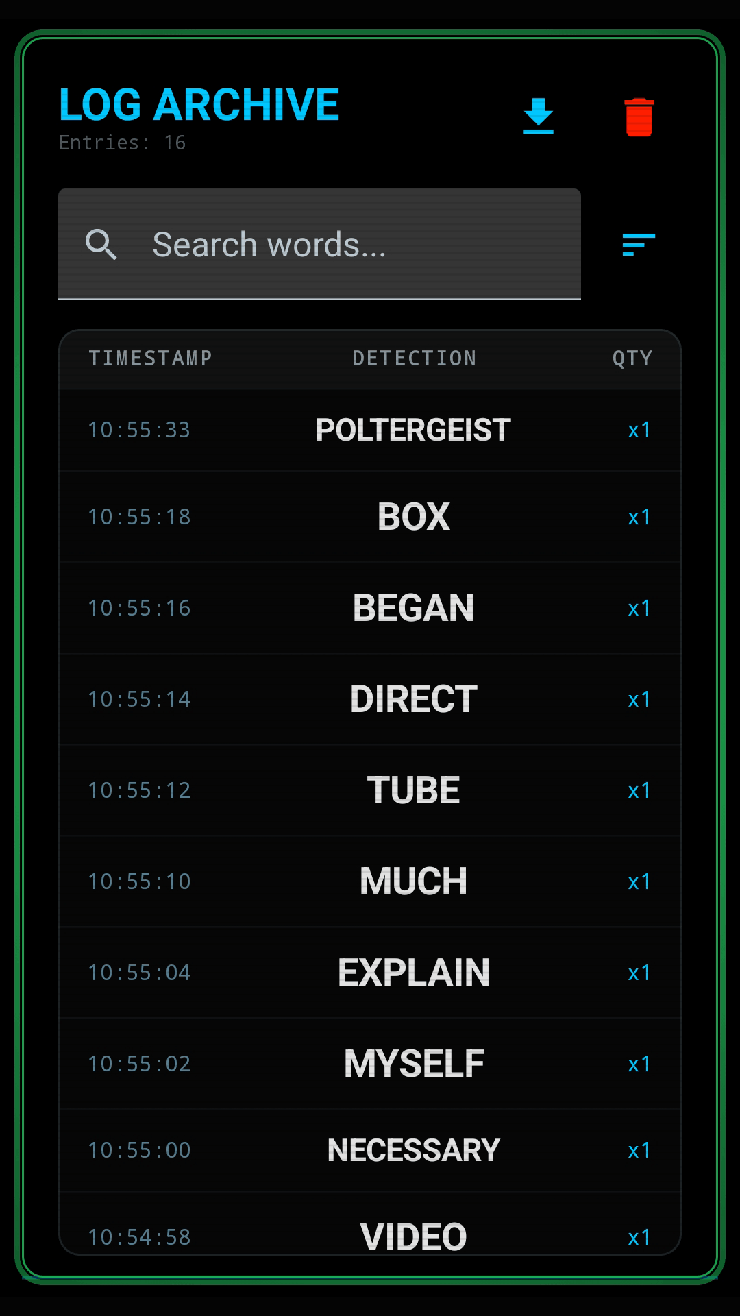 MOBILUS spirit box word generator screenshot